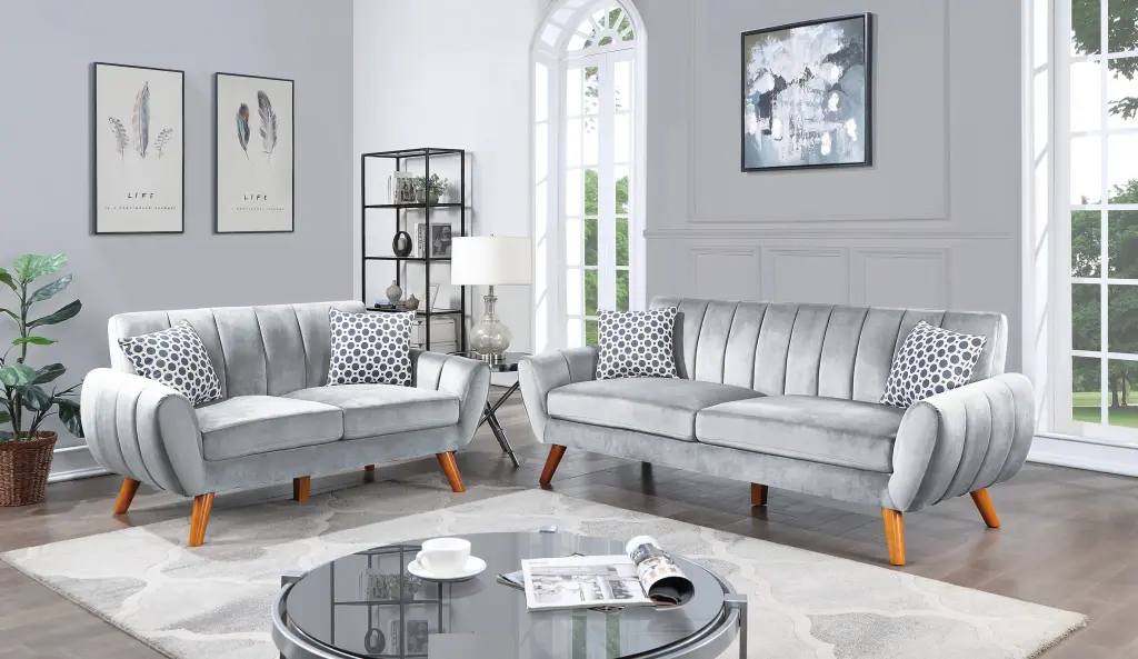 Contemporary 2 Pcs Sofa Set Living Room Light Gray Velvet kanepe