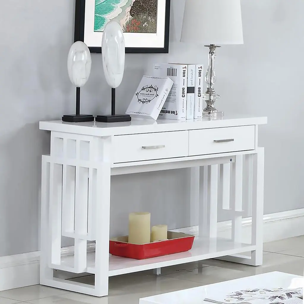 Glossy White 2 Drawer Sofa Table Living Room Transitional Style furniture max