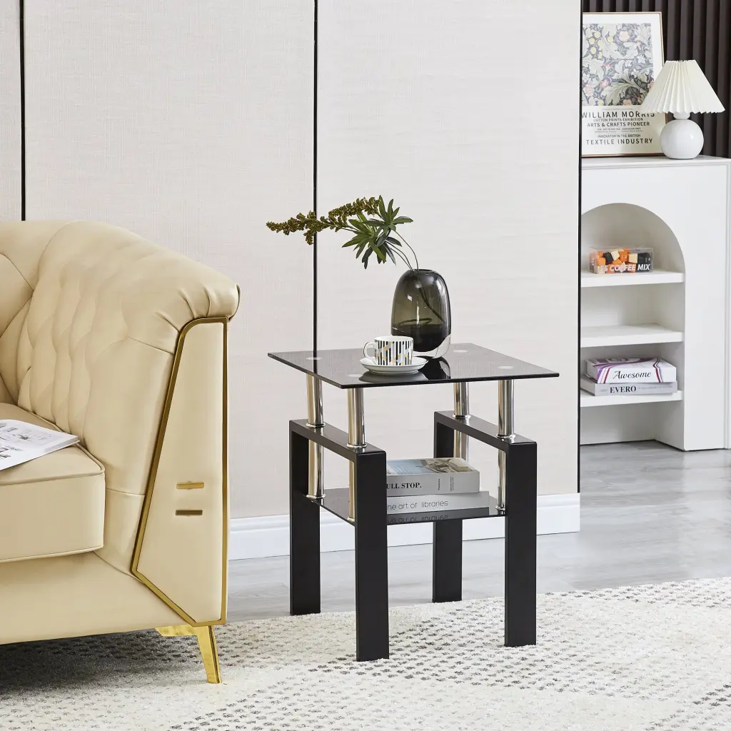 Tempered Black Glass Sofa Table 2 Layers End Table Storage rnb