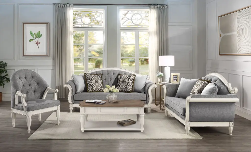 Florian Sofa 4 Pillows Gray Fabric and Antique White Finish acme onsite store