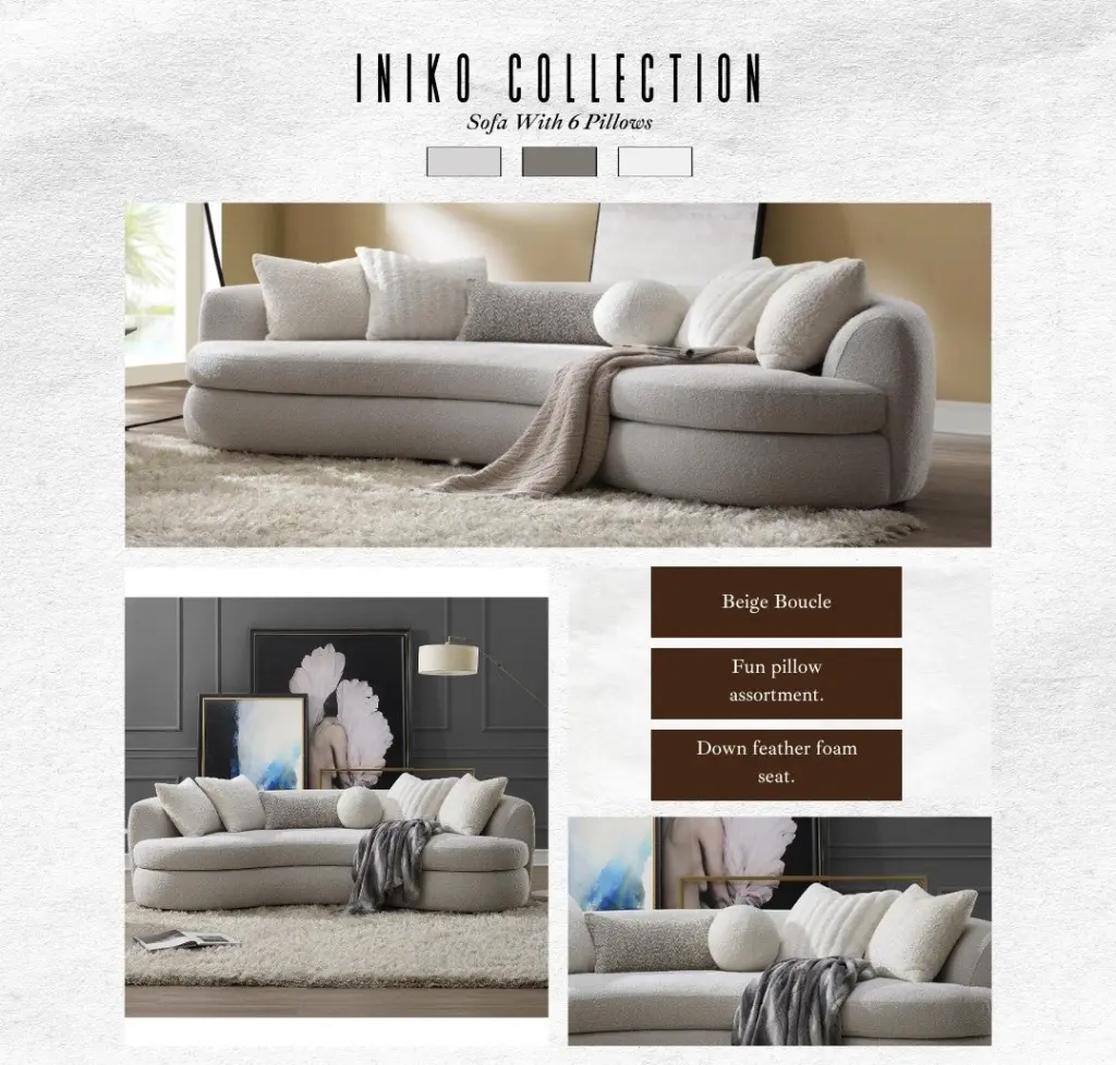 Iniko Sofa 6 Pillows Beige Boucle Upholstered 3 Seater Couch acme onsite store