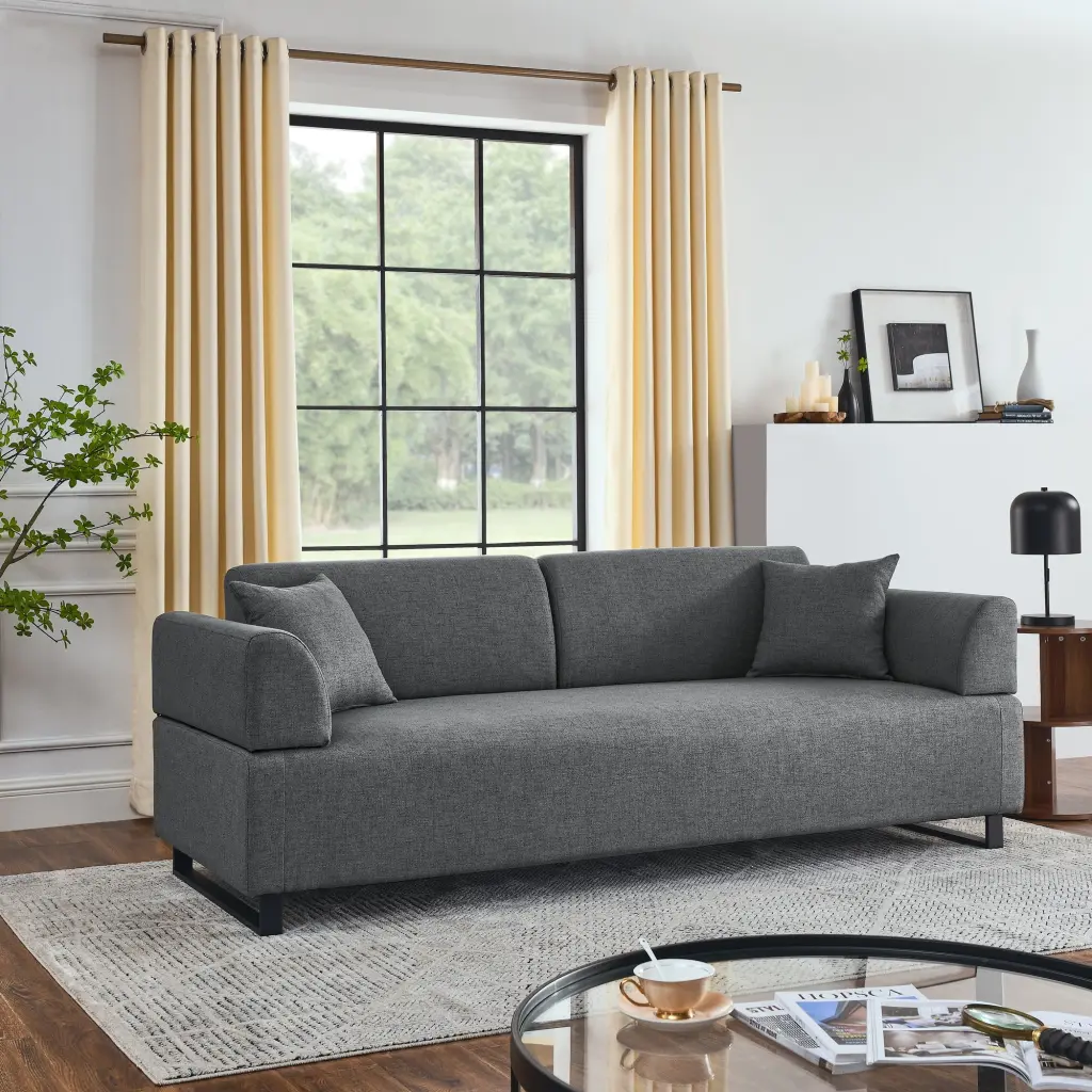 Linen Fabric 3 Seat Sofa Two End Tables And Two Pillows Removable Covers chuangyuan smart home