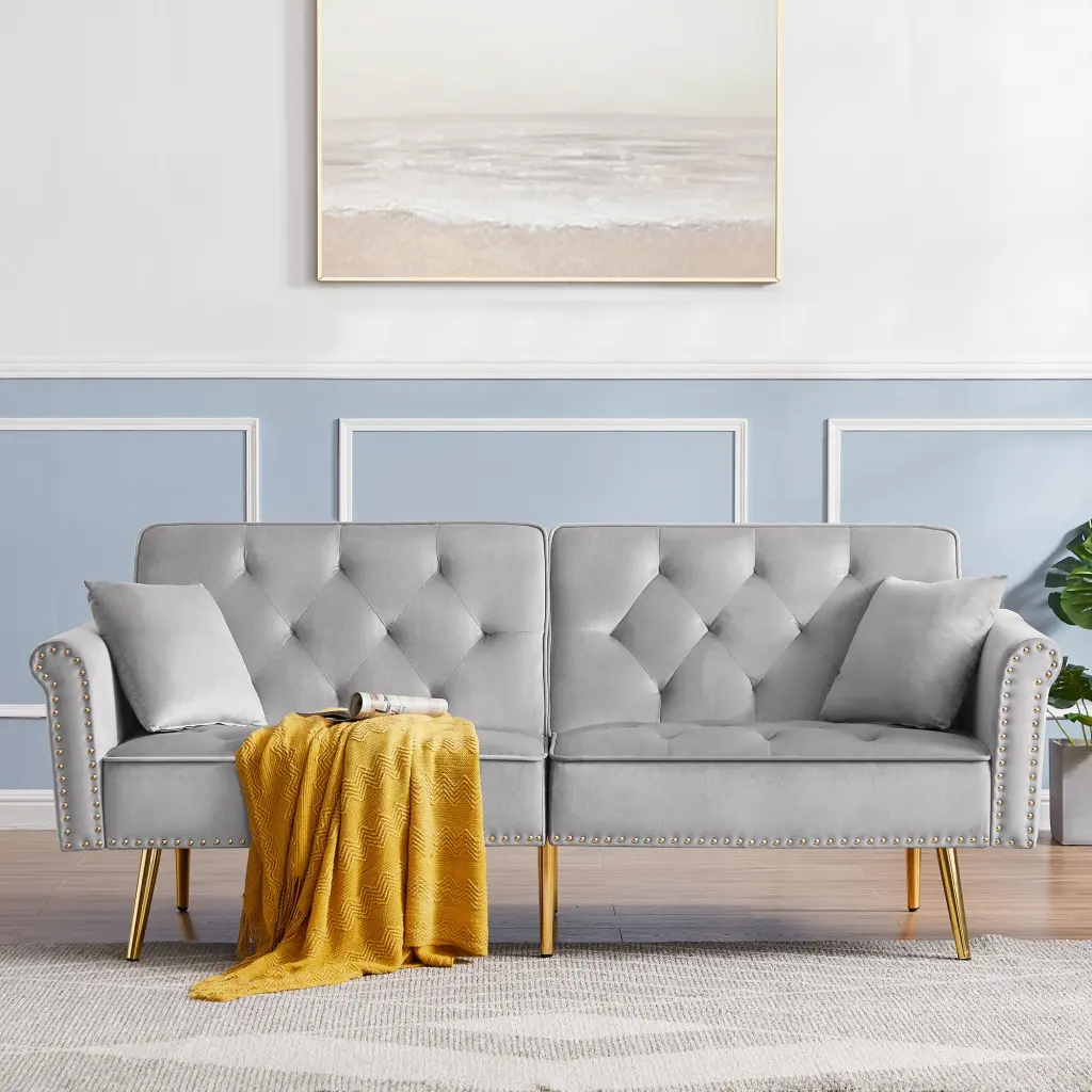 Grey Velvet Tufted Sofa Couch 2 Pillows and Light Grey Wood Trim cy furniture