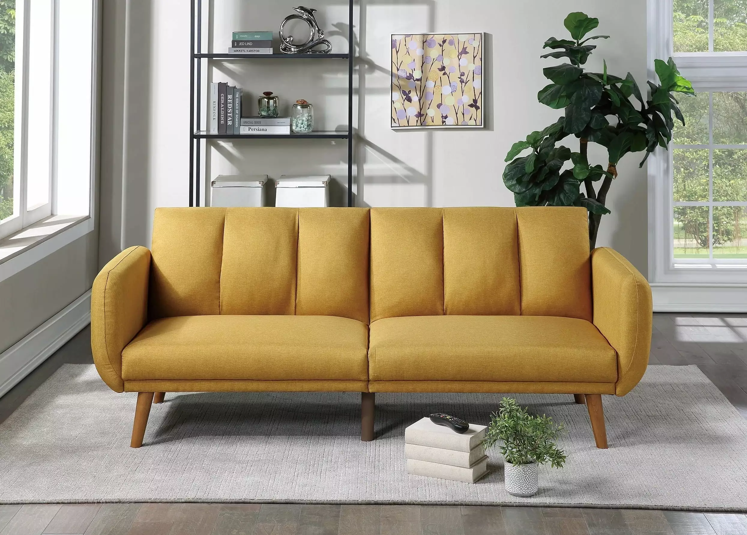 Elegant Mustard Color Modern Sofa Polyfiber Upholstery and Wooden Legs - Convertible Bed