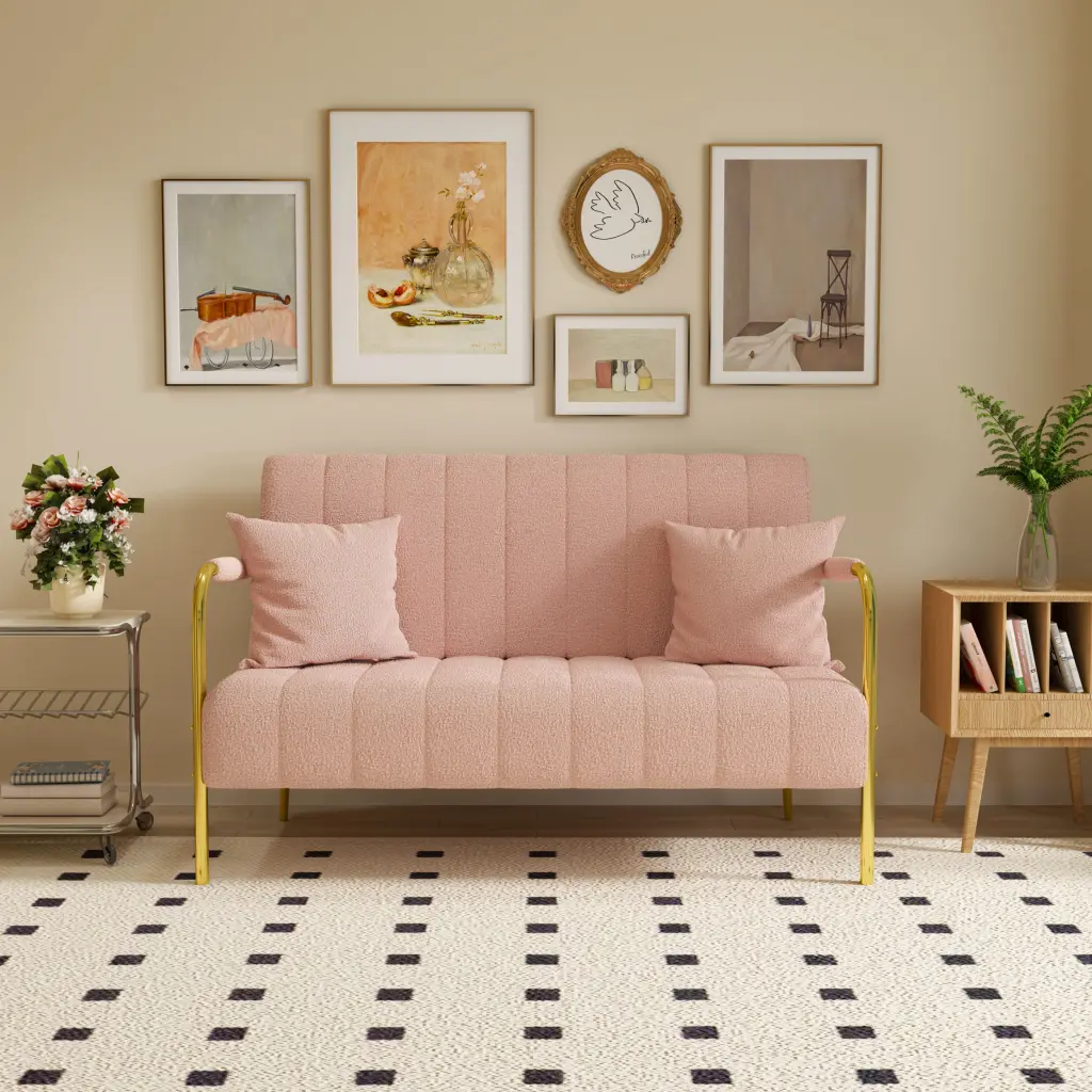 59Inch Pink Teddy Fleece Sofa Two Throw Pillows Living Room Cozy Comfort fan chen furniture
