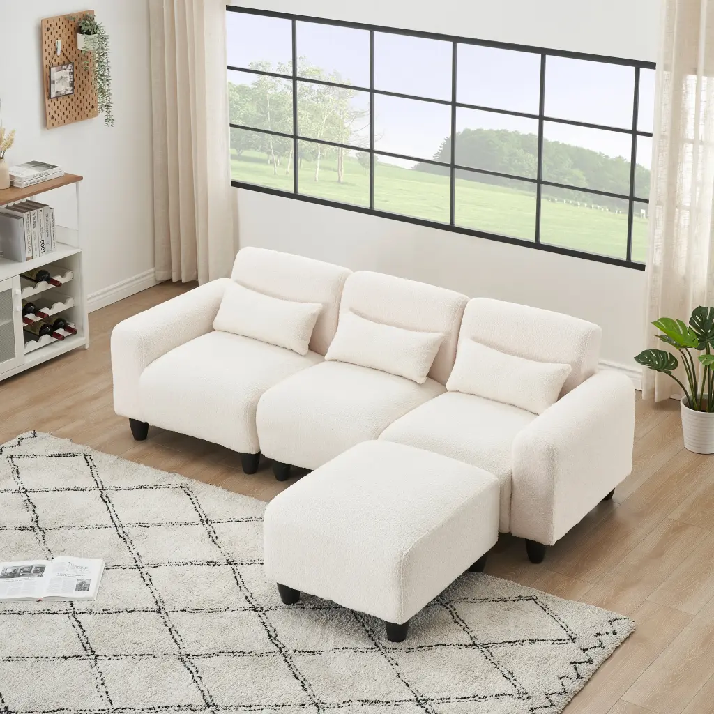 84.6 Inch Beige Teddy Fleece Creative Sofa Can Be Assembled Into Bed fan chen furniture
