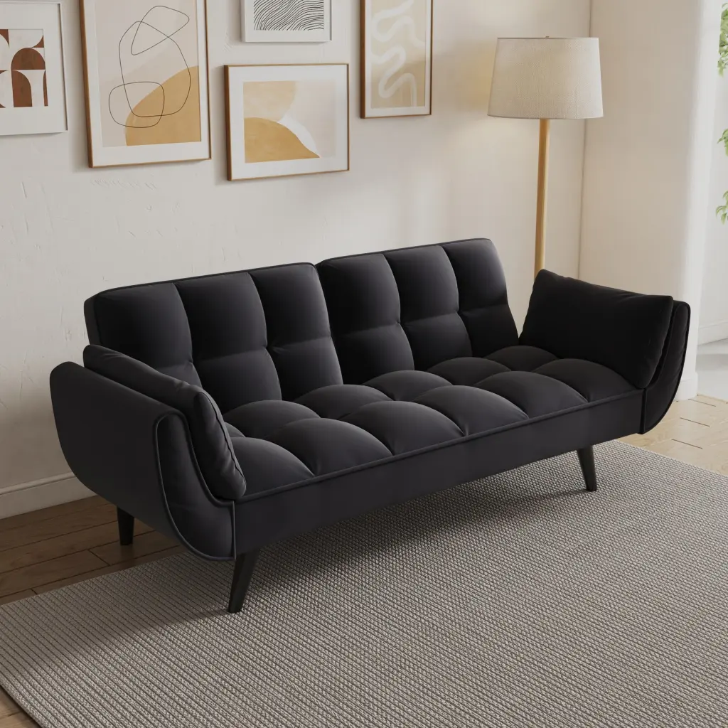 57 Inch Black Sofa Soft Two Armrests Throw Pillow Cozy Living Room Couch fan chen furniture
