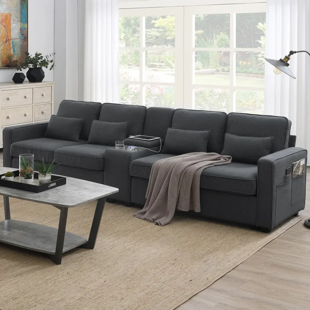 114.2 Inch Upholstered Sofa Console 2 Cupholders 2 USB Ports Living Room gt