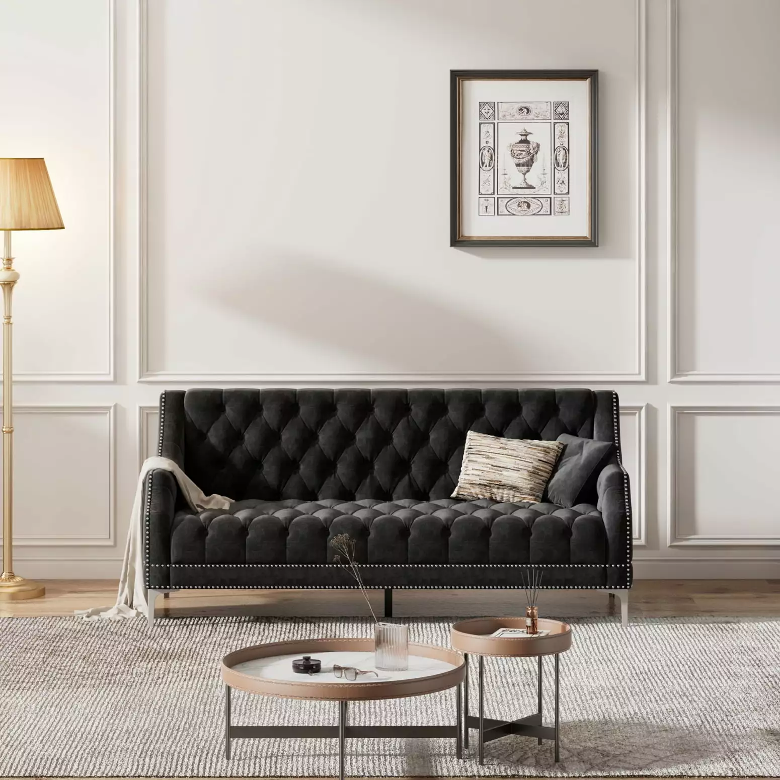 Elegant Black Modern Sofa Dutch Plush Upholstery and Metal Legs - Button Tufted Back HATNOKIL