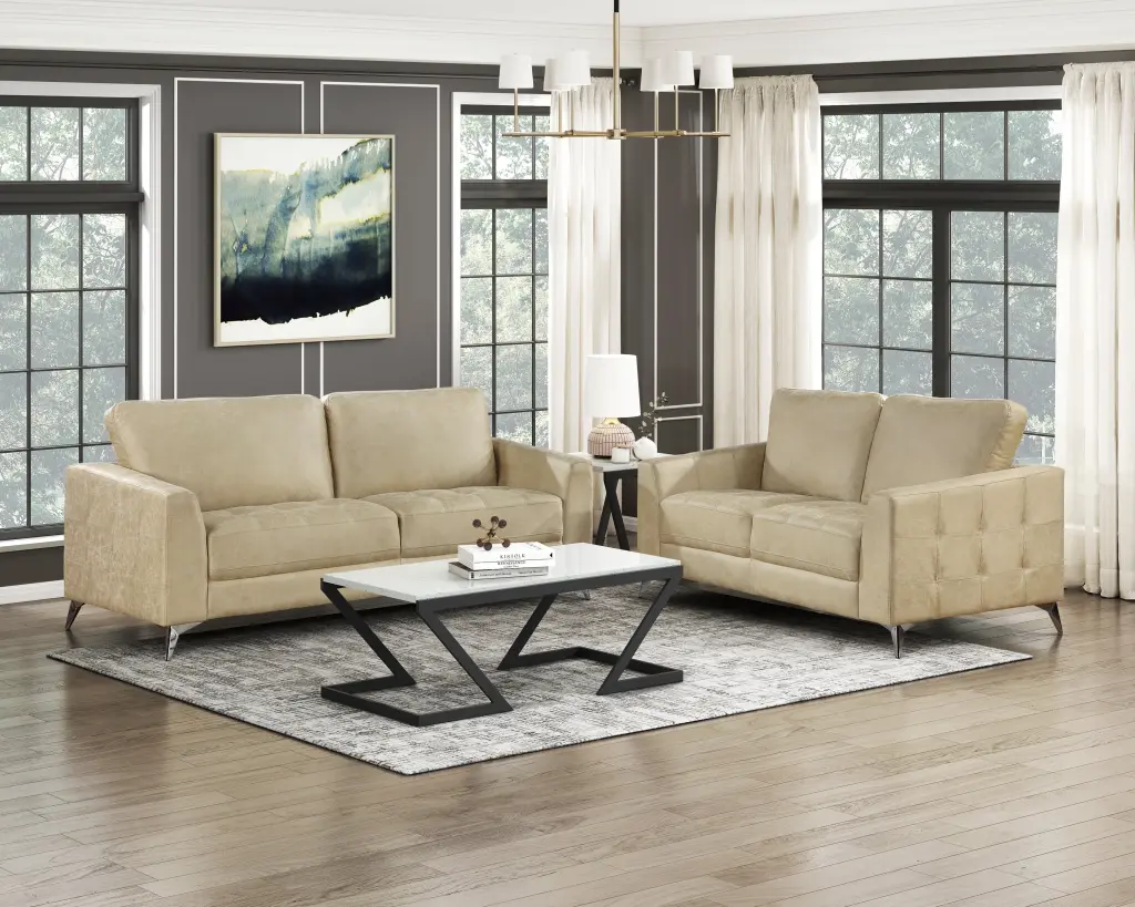 Elegant Modern Style 2Pc Sofa Set Sand Hued Sleek Microfiber Upholstery kanepe
