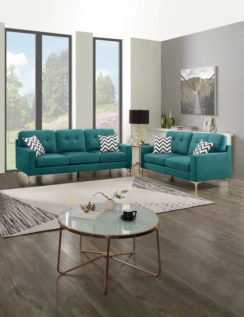 Eye Catching 2Pc Sofa Set Teal Blue Velvet Fabric Sofa Loveseat Living Room kanepe