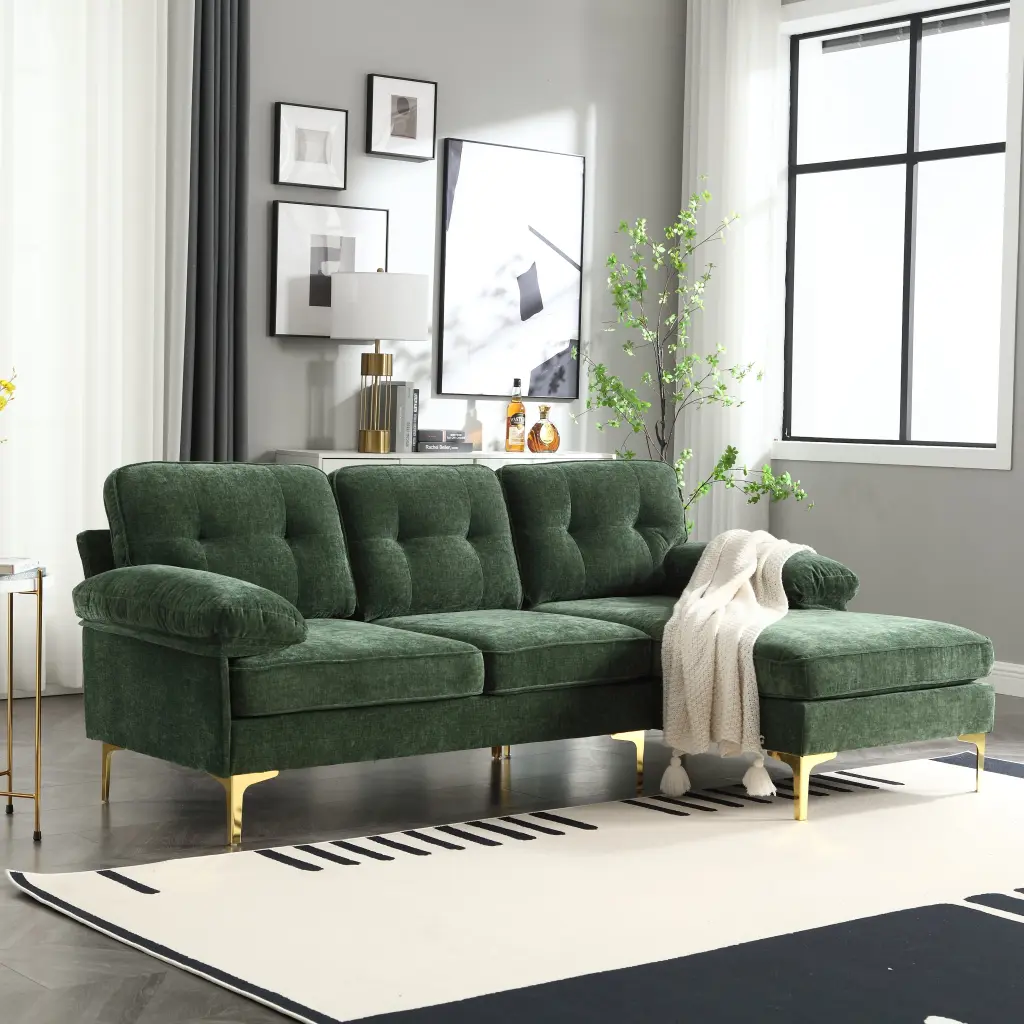 L Influence Sofa Green Chenille Soft Cushion Back Medium Duty Pine Solid Wood Frame nan kun