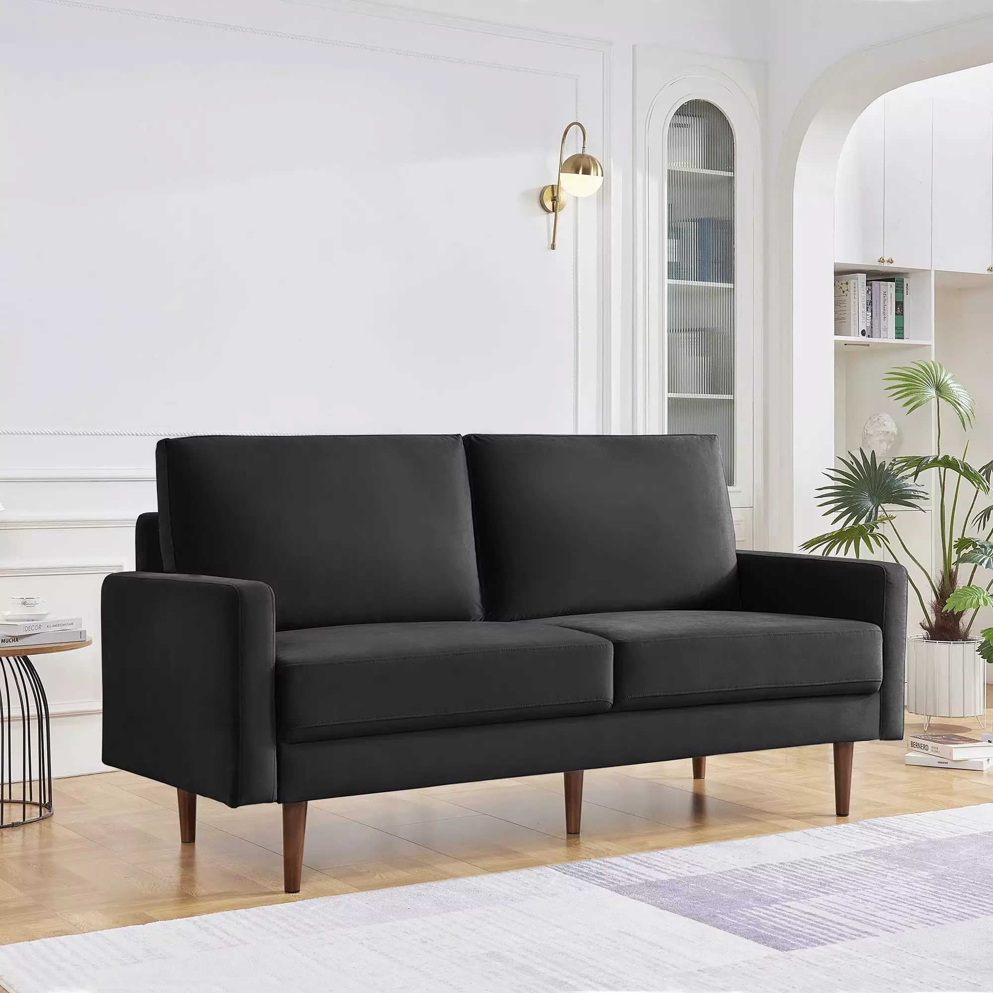 69 Inch Black Velvet Upholstered Sofa Square Arms - Two Cushion Design OS Home & Office Furniture