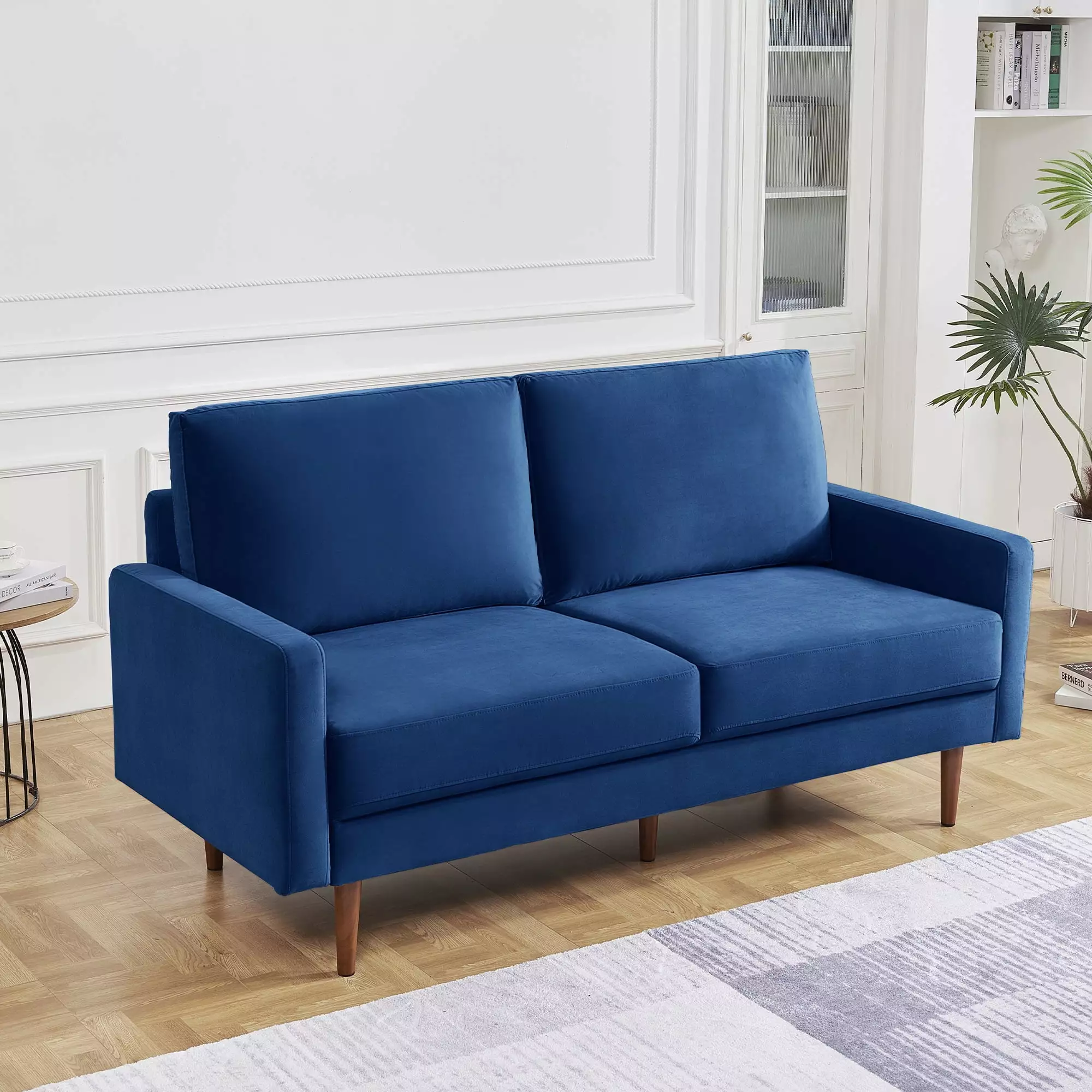 69 Inch Blue Velvet Upholstered Sofa Square Arms - Two Cushion Design OS Home & Office Furniture