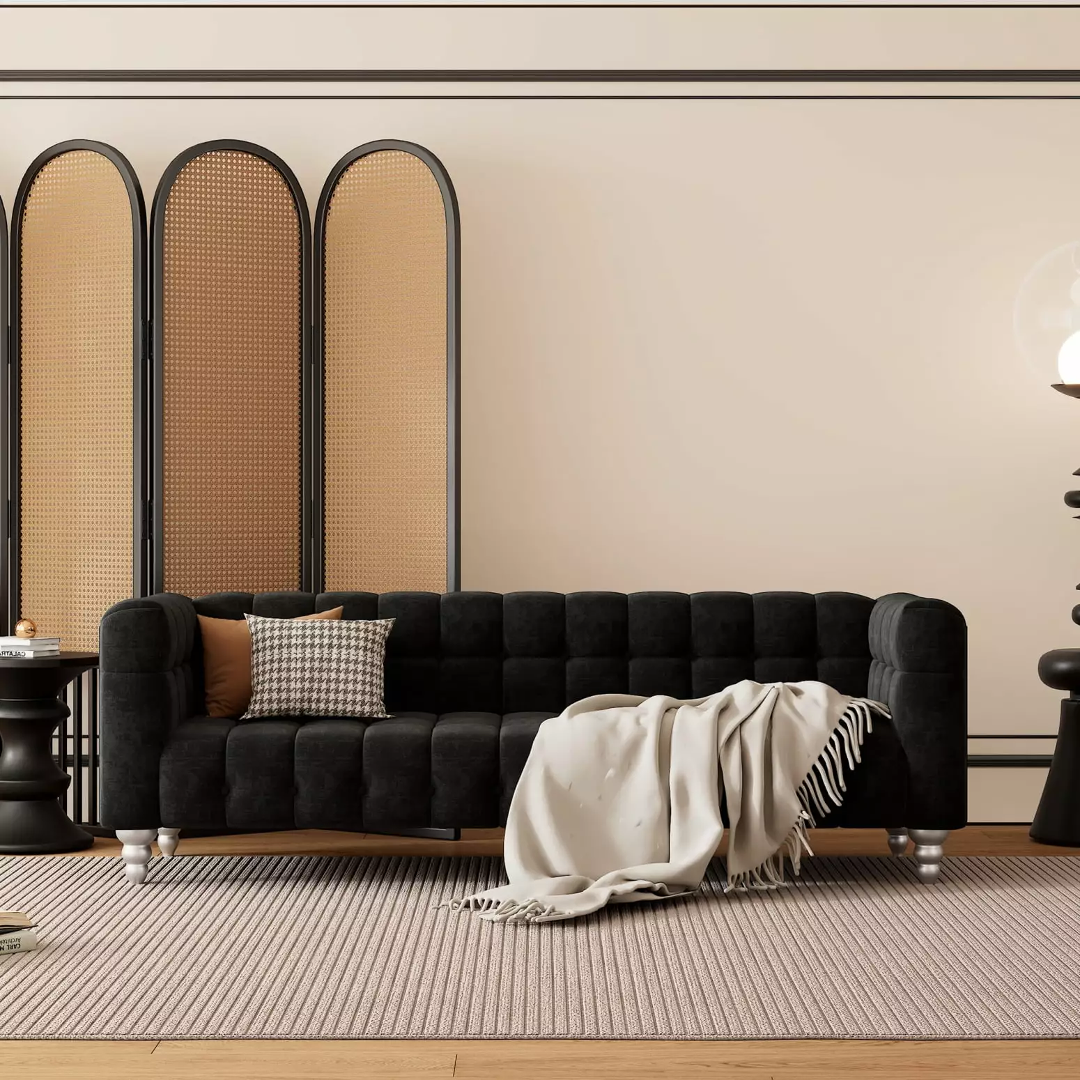 89 Inch Dutch Fluff Modern Black Sofa Solid Wood Legs and Buttoned Tufted Backrest Ponnky