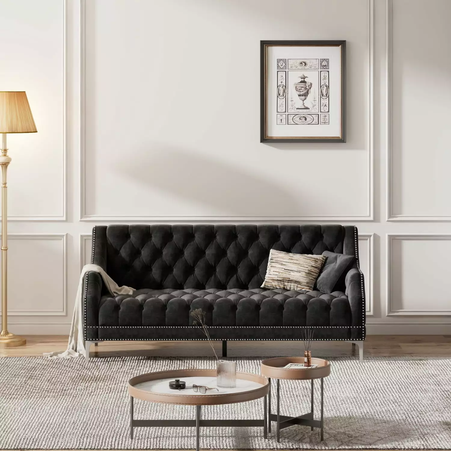 78 Inch Elegant Black Modern Sofa Dutch Plush Upholstery and Durable Metal Legs Ponnky