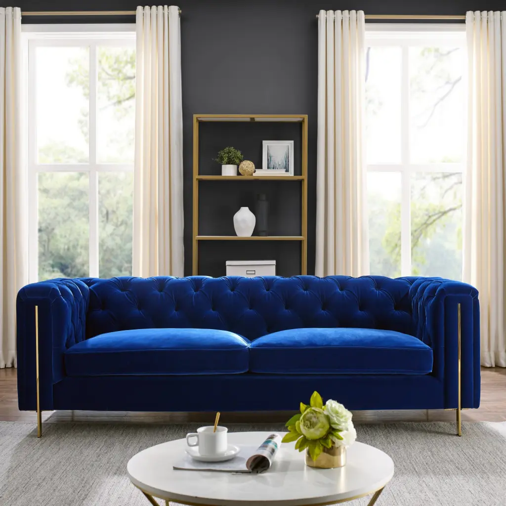 Charlene Velvet Button Tufted Sofa Blue Fabric 2 Seat Living Room Sofa steve silver furniture