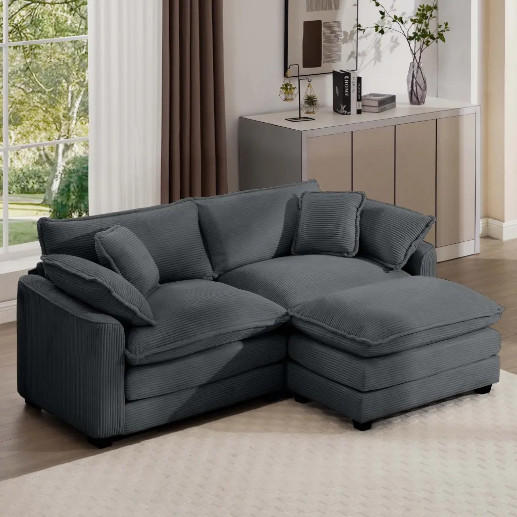 Corduroy Two Seater Sofa Footrest - L Shaped 2 Seater Sofa Small Spaces ui furniture
