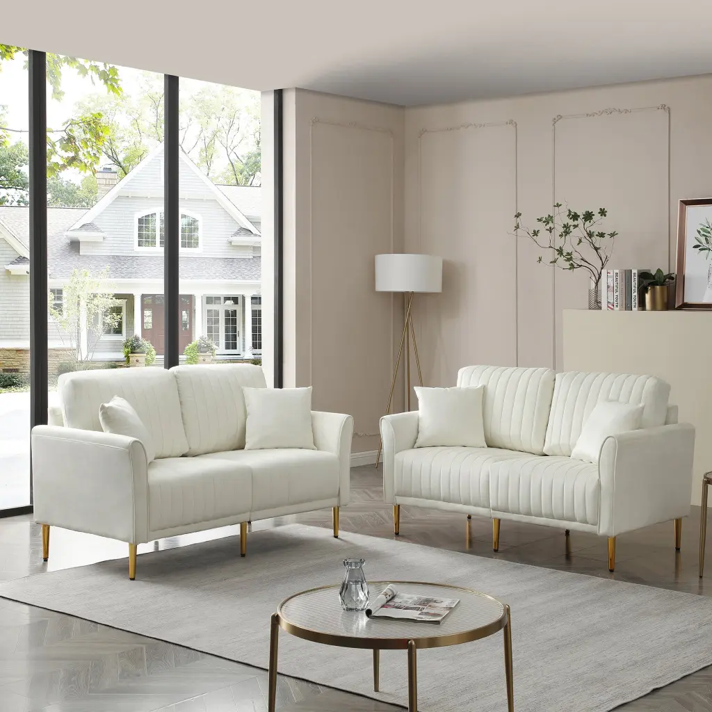 Set 2 Couches 2 Piece Cream Velvet Upholstered Living Room Sofa Set ui furniture