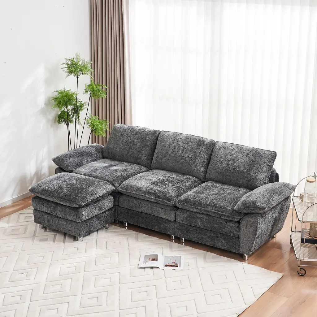 Modern Deep 3 Seat Sofa Couch Ottoman Polyester Sofa Sleeper Comfy Living Room Furniture w2363