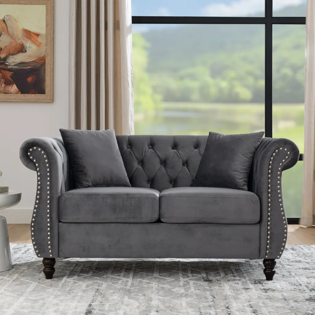 58.8 Inch Chesterfield Sofa Grey Velvet 2 Seater Sofa Living Room welike furniture