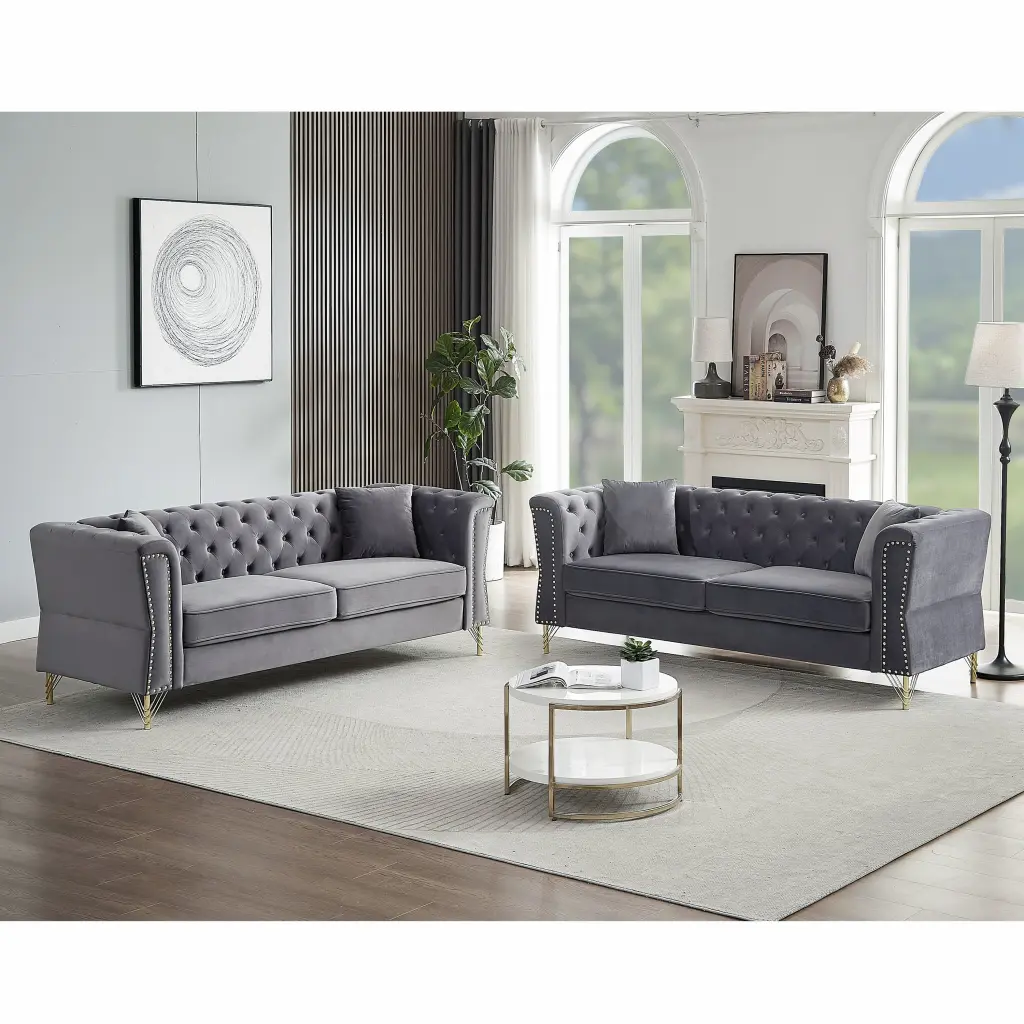 3 Seater Tufted Couch Rolled Arms And Foam Padding welike furniture