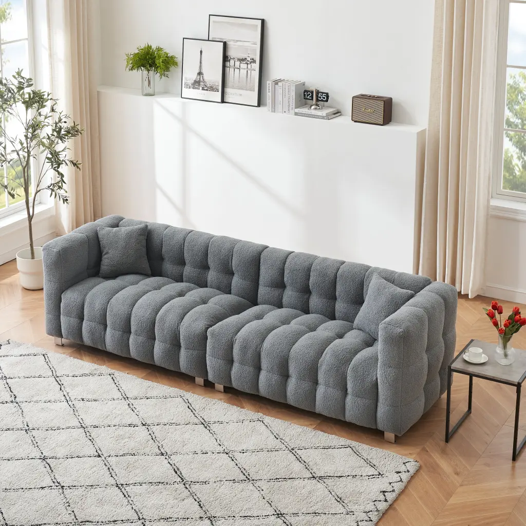 102 Inch Gray Teddy Velvet Sofa Two Throw Pillows Living Room Luxury Comfortable Seating ylf fff