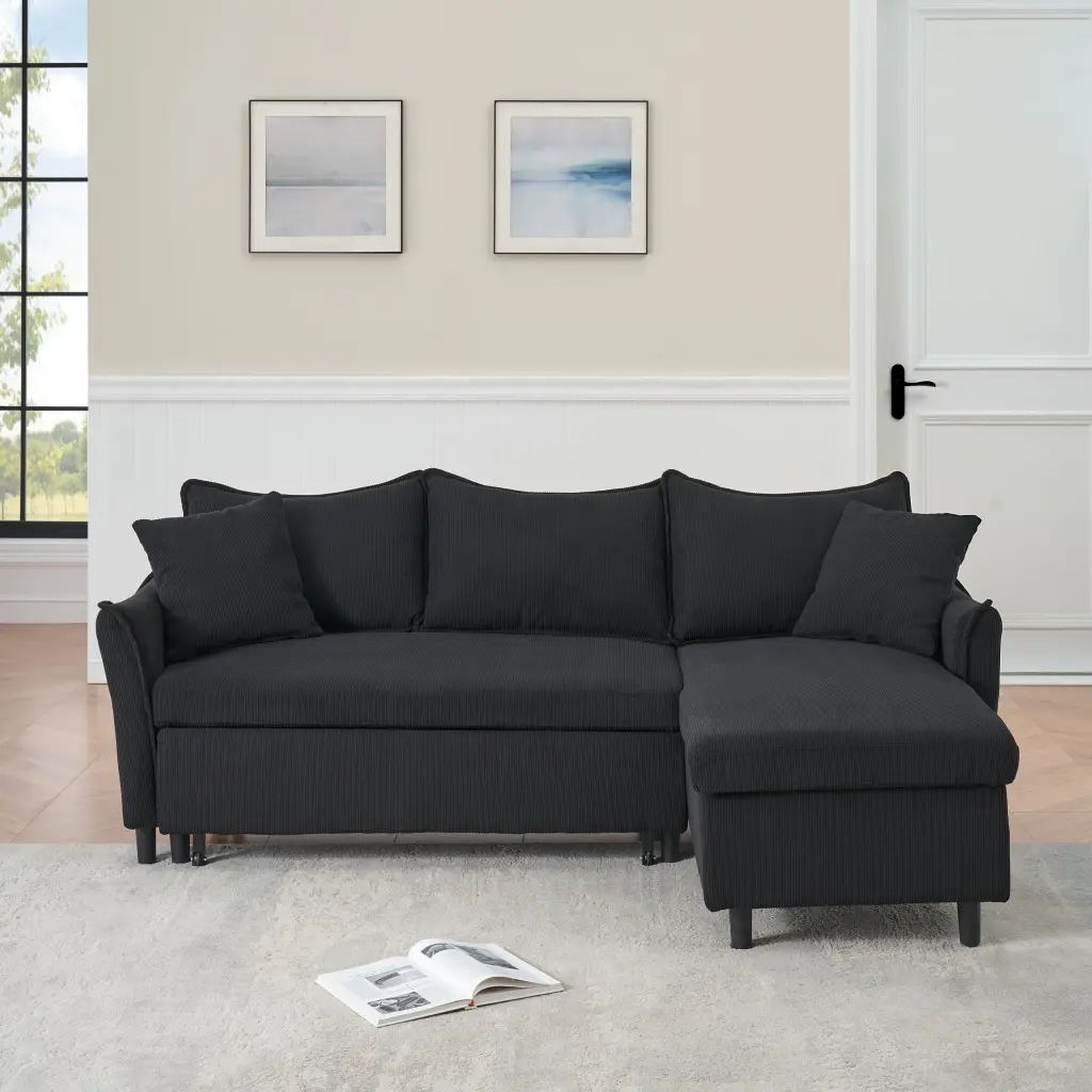 80 Inch Black Corduroy L Shaped Sofa Two Throw Pillows Modern Living Room Furniture ylf fff