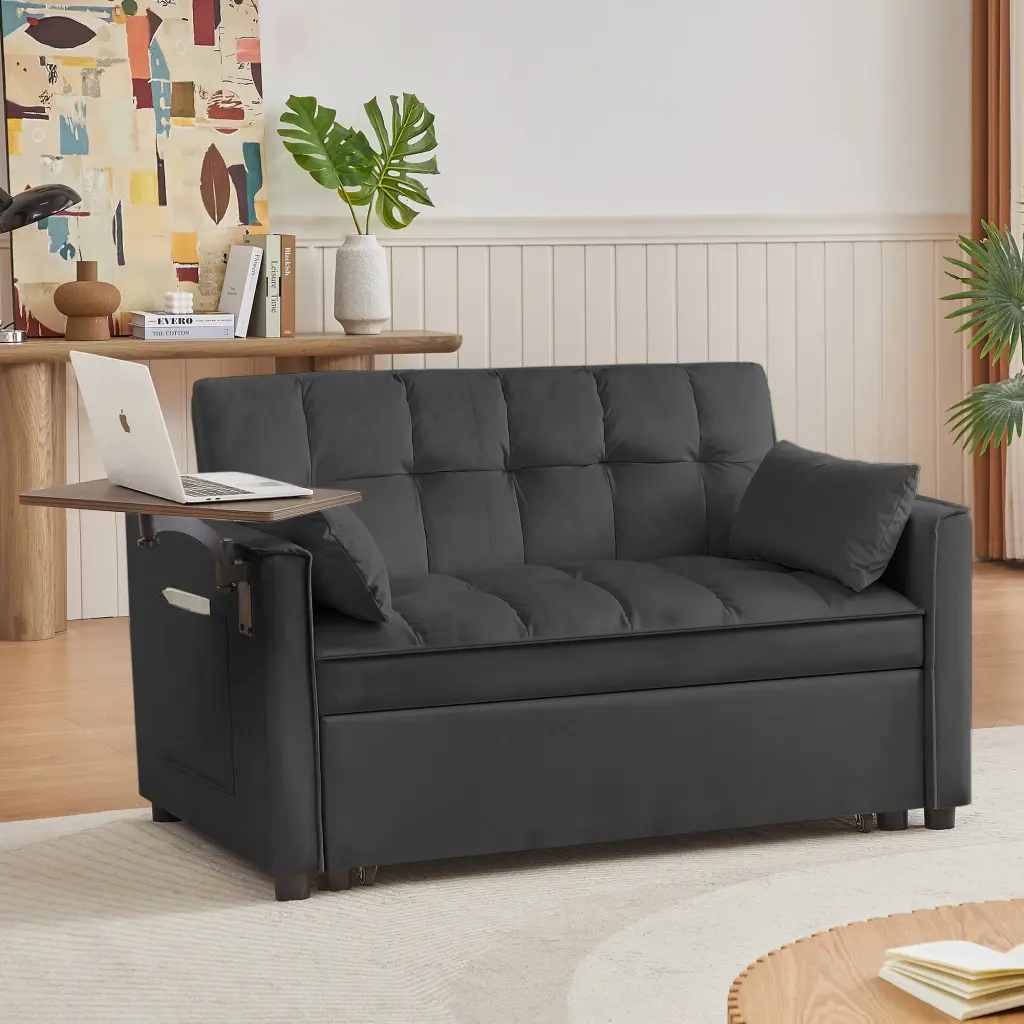 Black Velvet Loveseat Sofa Bed Tufted Back Square Arms Foam Cushion cy furniture