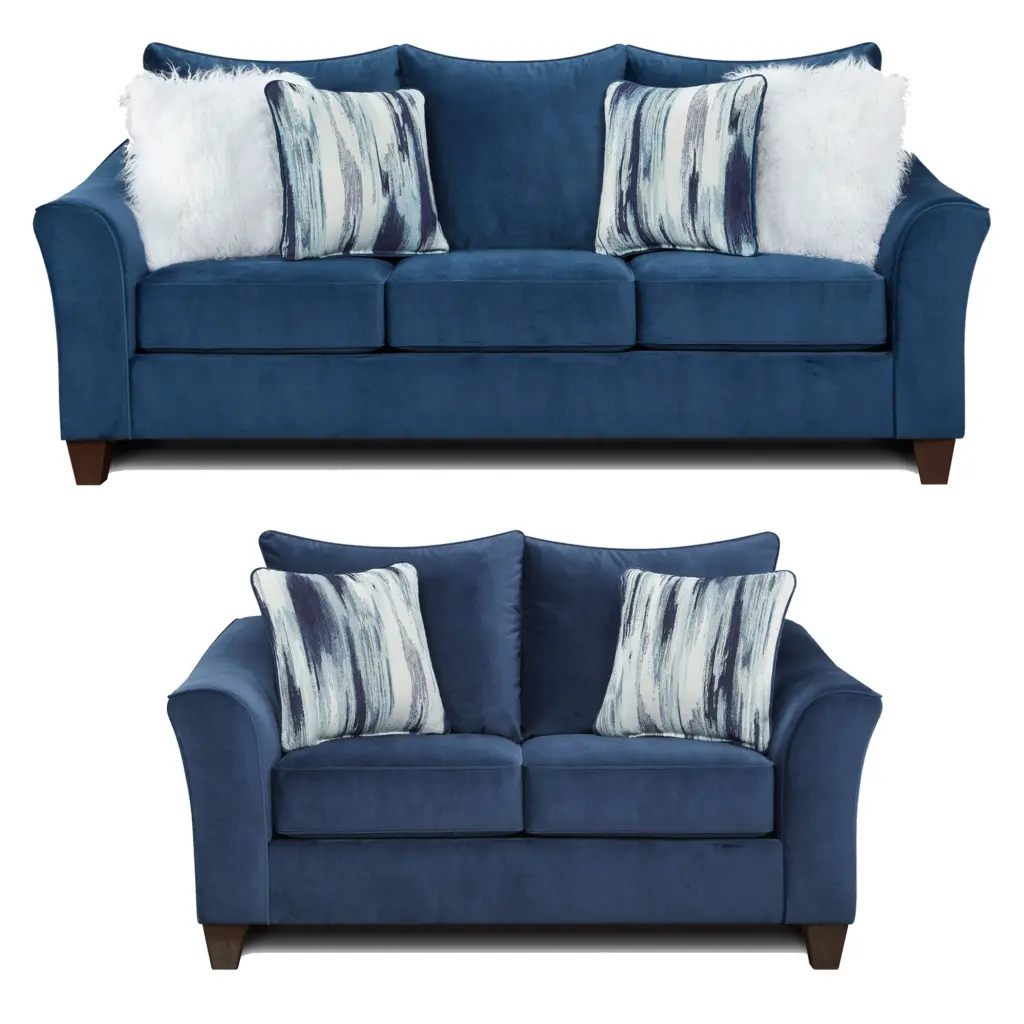 Camero Fabric Pillowsupport 2 Piece Living Room Set Sofa And Loveseat Navy Blue Espresso Polyester hz