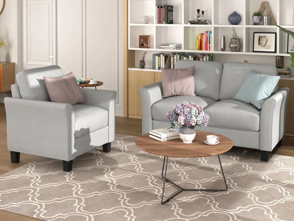 Living Room Armrest Single Sofa and Loveseat Set Light Gray Fabric lucky furniture