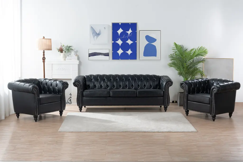 3 Piece Configurable Living Room Set Black PU Sofa chairone house