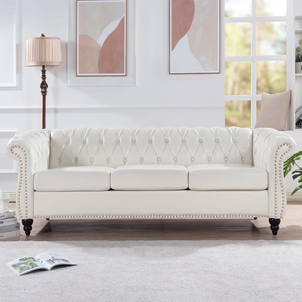 84.65 Inch Rolled Arm Chesterfield 3-Seater Sofa White Foam PU Leather rnb