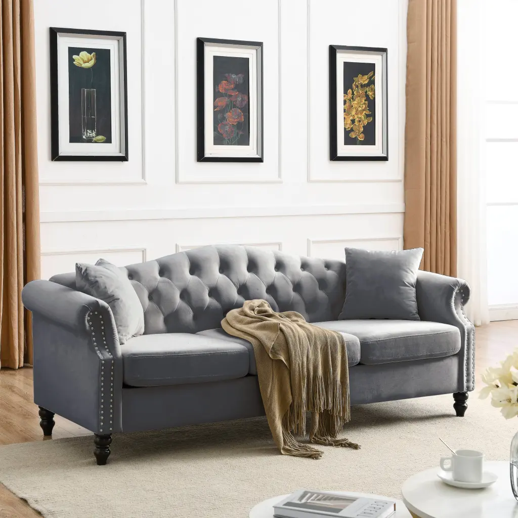 Video 79" Chesterfield Sofa Grey Velvet Living Room - 3 Seater Sofa welike furniture