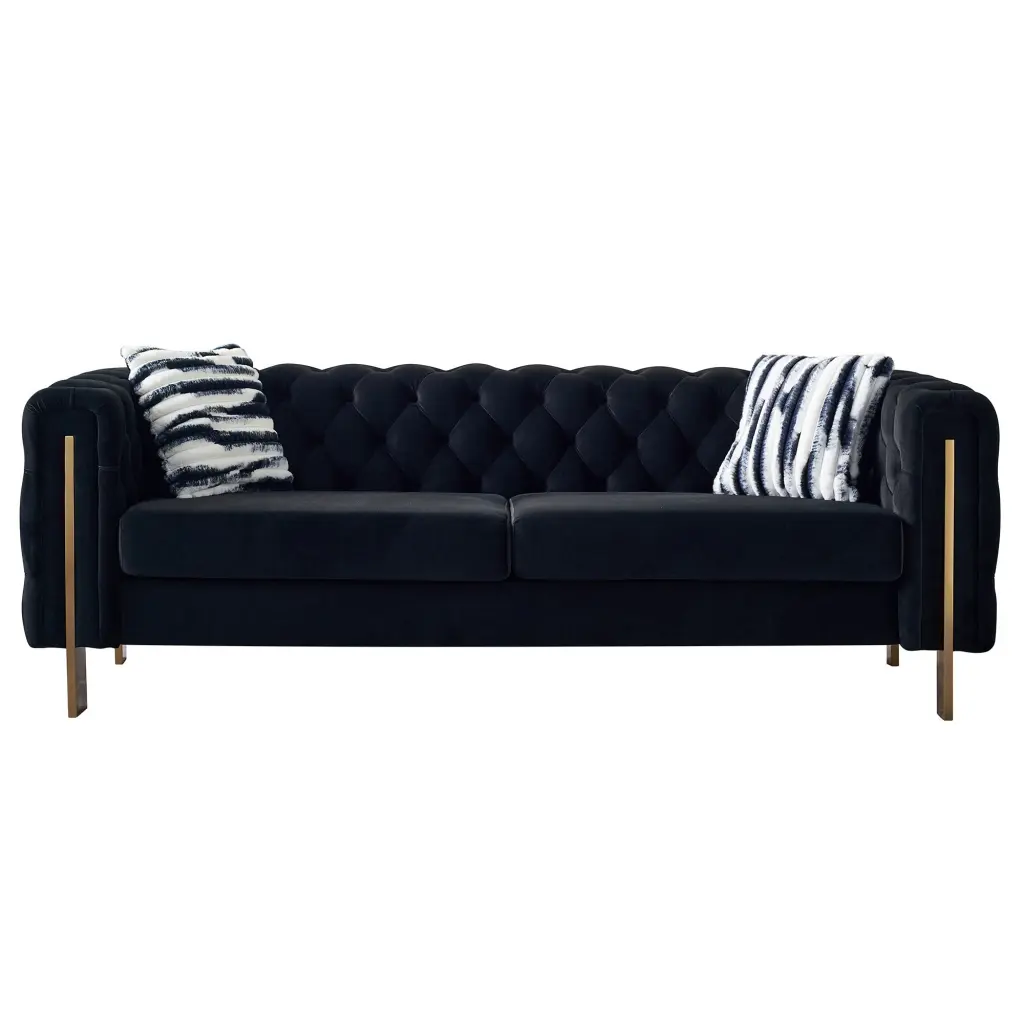 Chesterfield Modern Tufted Velvet Living Room Sofa 84.25 Inch Black Couch wq furniture