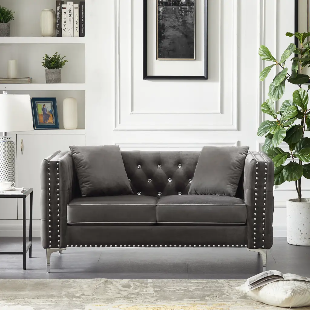 59.4 Inch Wide Grey Velvet Sofa Jeweled Buttons Square Arm 2 Pillows aijiafurniture