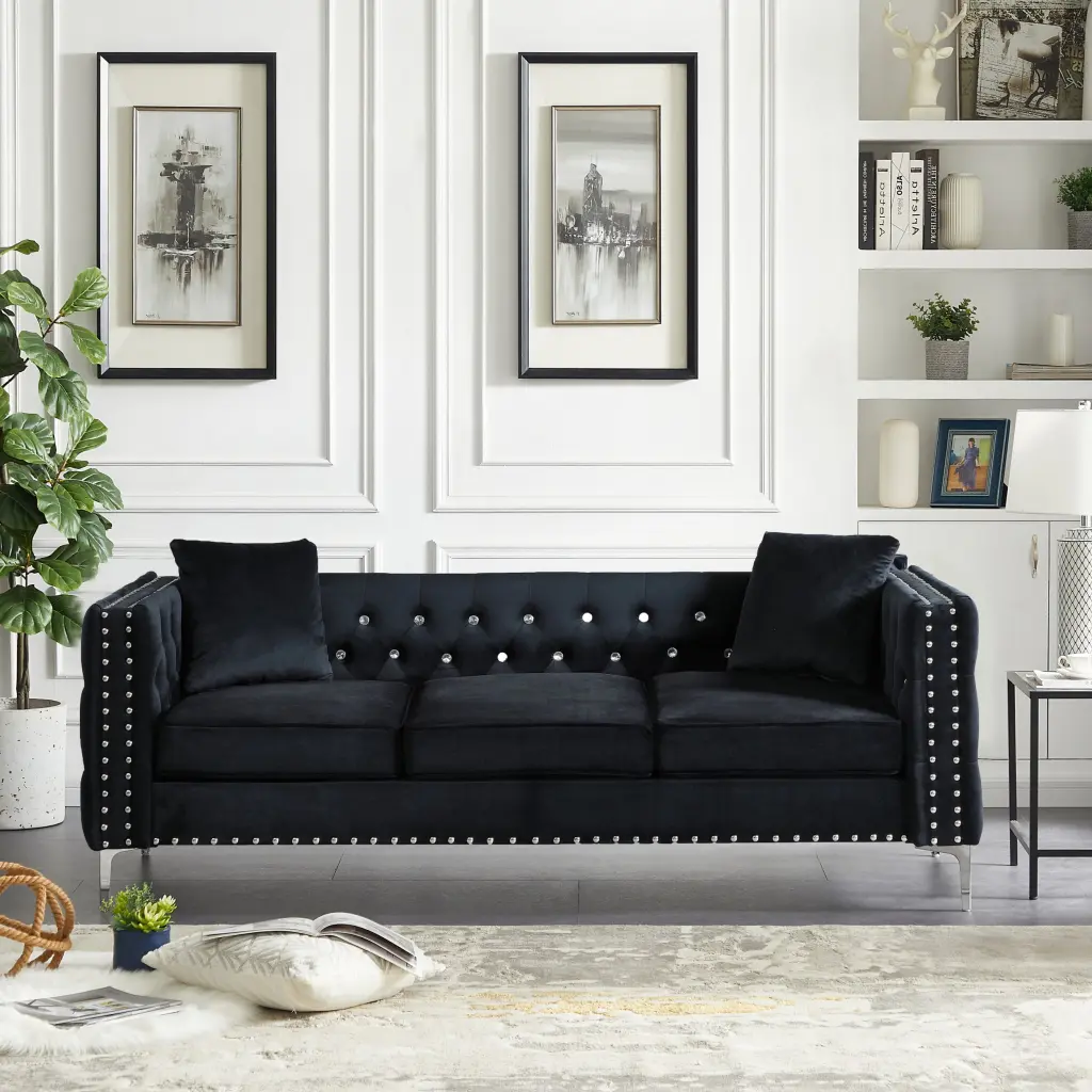 82.3 Inch Modern Velvet Sofa Jeweled Buttons Tufted Square Arm Couch Living Room aijiafurniture