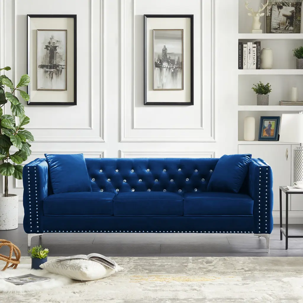 82.3 Inch Modern Velvet Sofa Jeweled Buttons and Tufted Square Arm aijiafurniture
