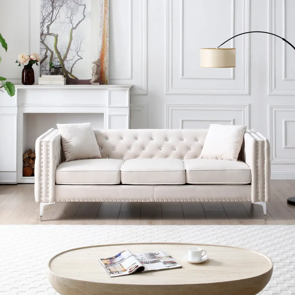 82.3 Inch Modern Velvet Sofa Jeweled Buttons Tufted Square Arm Couch aijiafurniture