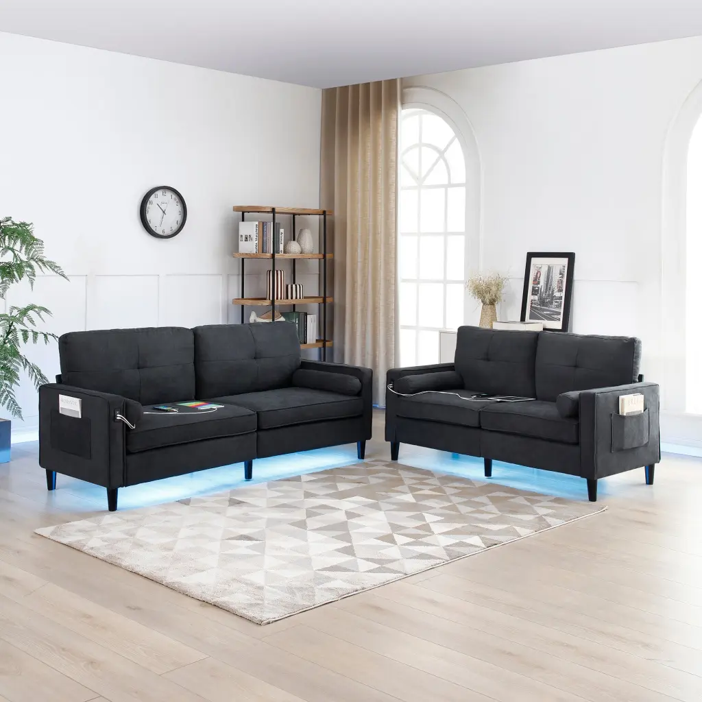 2 Piece Modern Sofa Couch and Loveseat 2 Side Pockets aijiafurniture