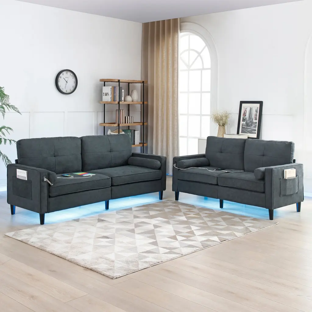2 Piece Modern Sofa and Loveseat Set Side Pockets aijiafurniture