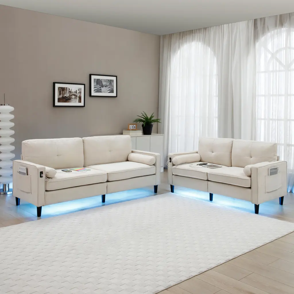 2 Piece Modern Sofa and Loveseat Set Side Pockets aijiafurniture