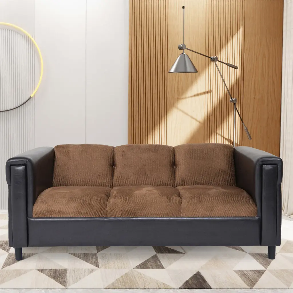 Brown Chenille and Faux Leather Modern 3 Seater Sofa Living Room american-made seating