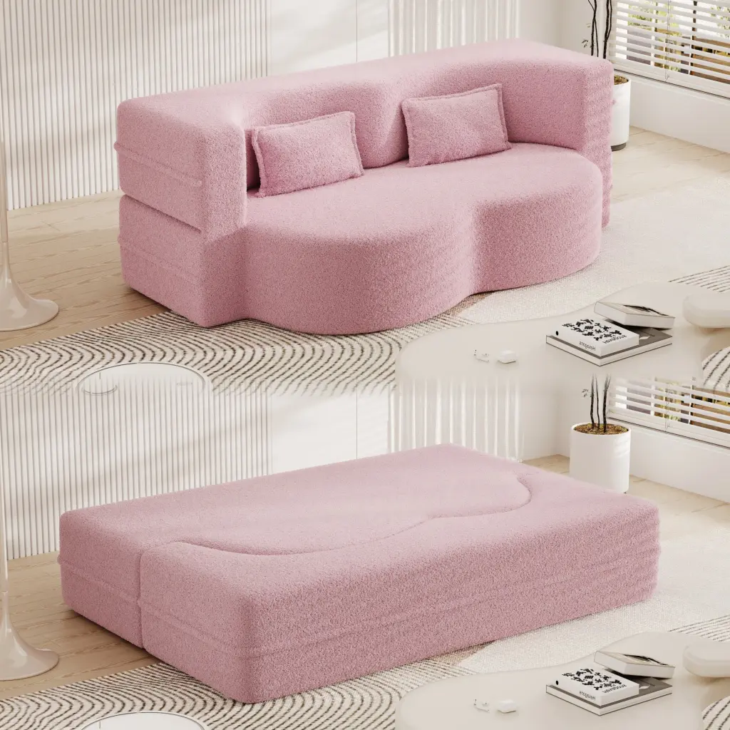 Modern Floor Sofa 2 Pillows Convertible Teddy Fabric Foam Filled Lounge Seating bobby furniture