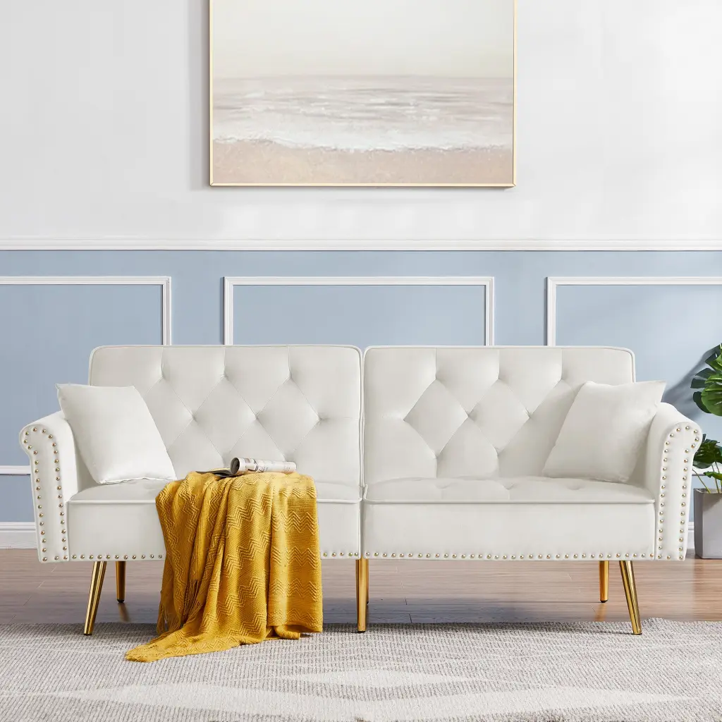 Beige Velvet Tufted Sofa Couch 2 Pillows And Trim Foam Upholstered Loveseat cy furniture