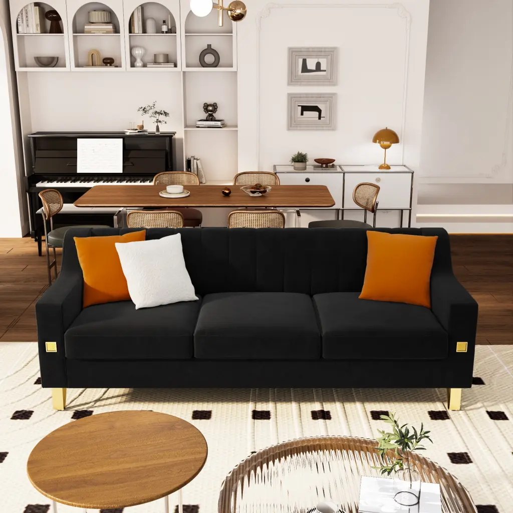 FX P85 3 Seat Sofa Black Velvet Modern Living Room Couch factoryx