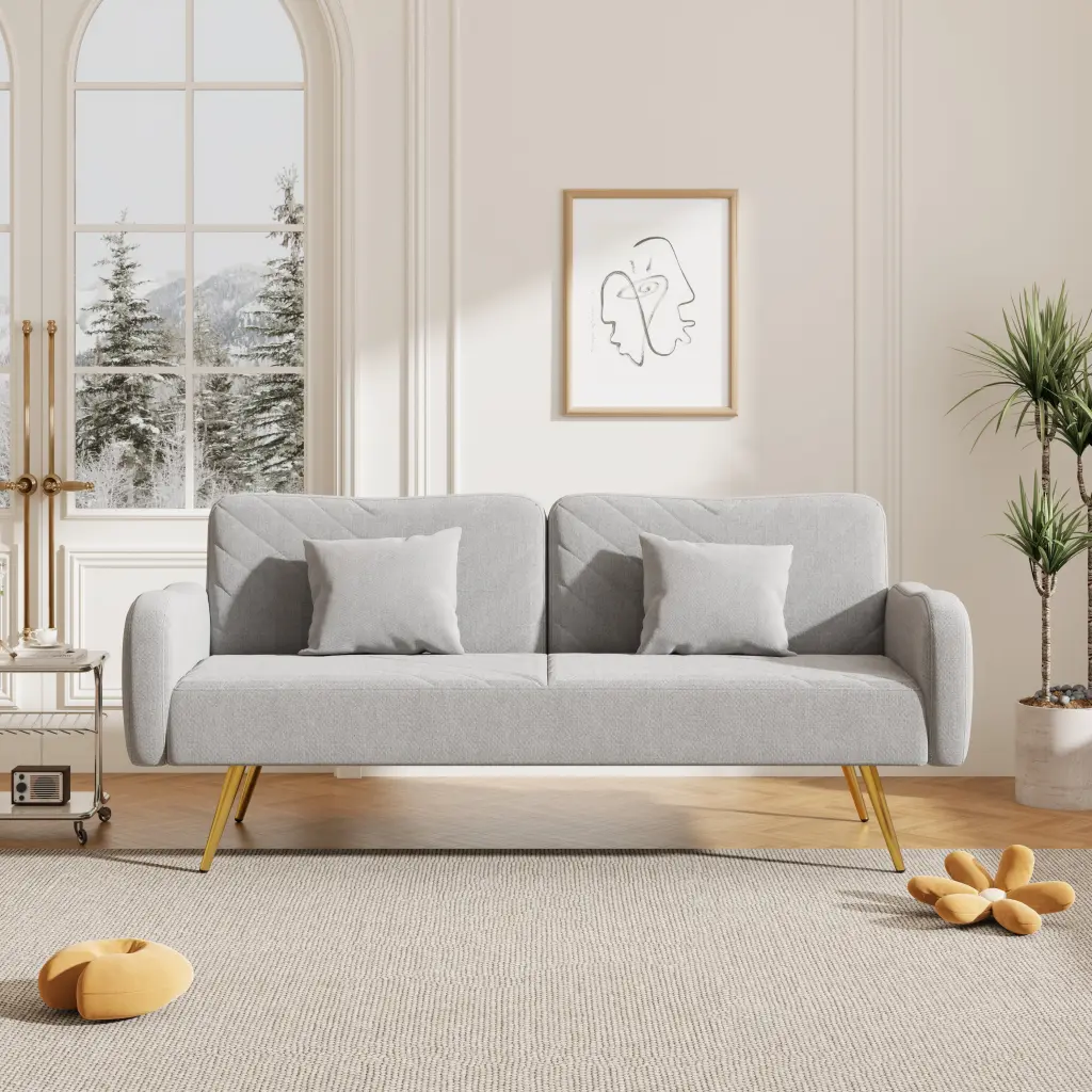 70.47 Inch Gray Fabric Double Sofa Split Backrest and Pillows fan chen furniture