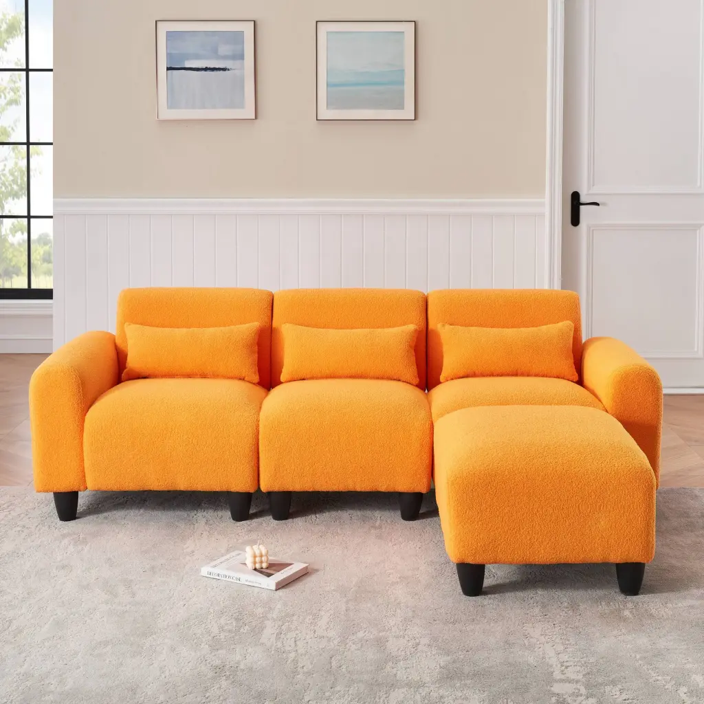 84.6 Inch Orange Teddy Fleece Creative Sofa Can Be Assembled Into fan chen furniture
