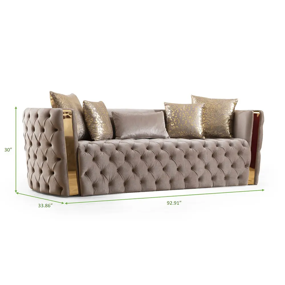 Naomi Button Tufted Sofa Velvet Fabric And Gold Accent Taupe galaxy home furnishings