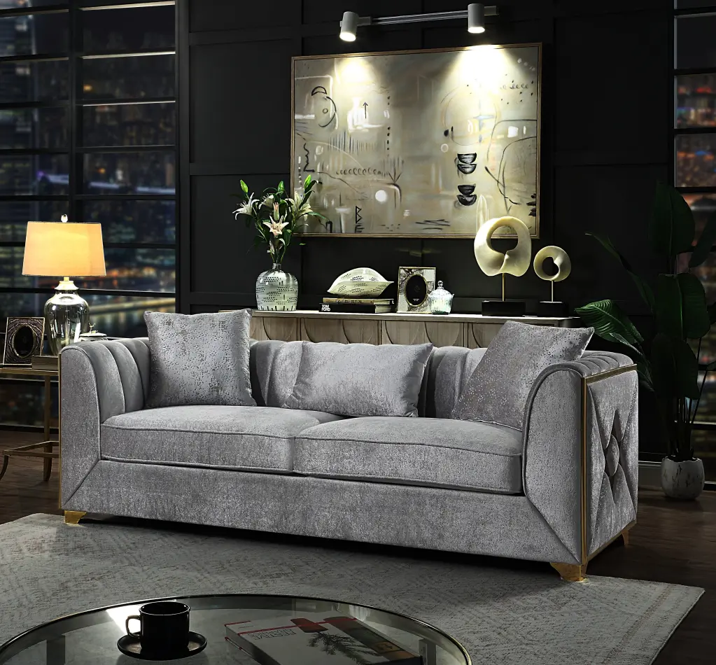 Velencia Modern Silver Velvet Sofa Wood Frame Living Room galaxy home furnishings